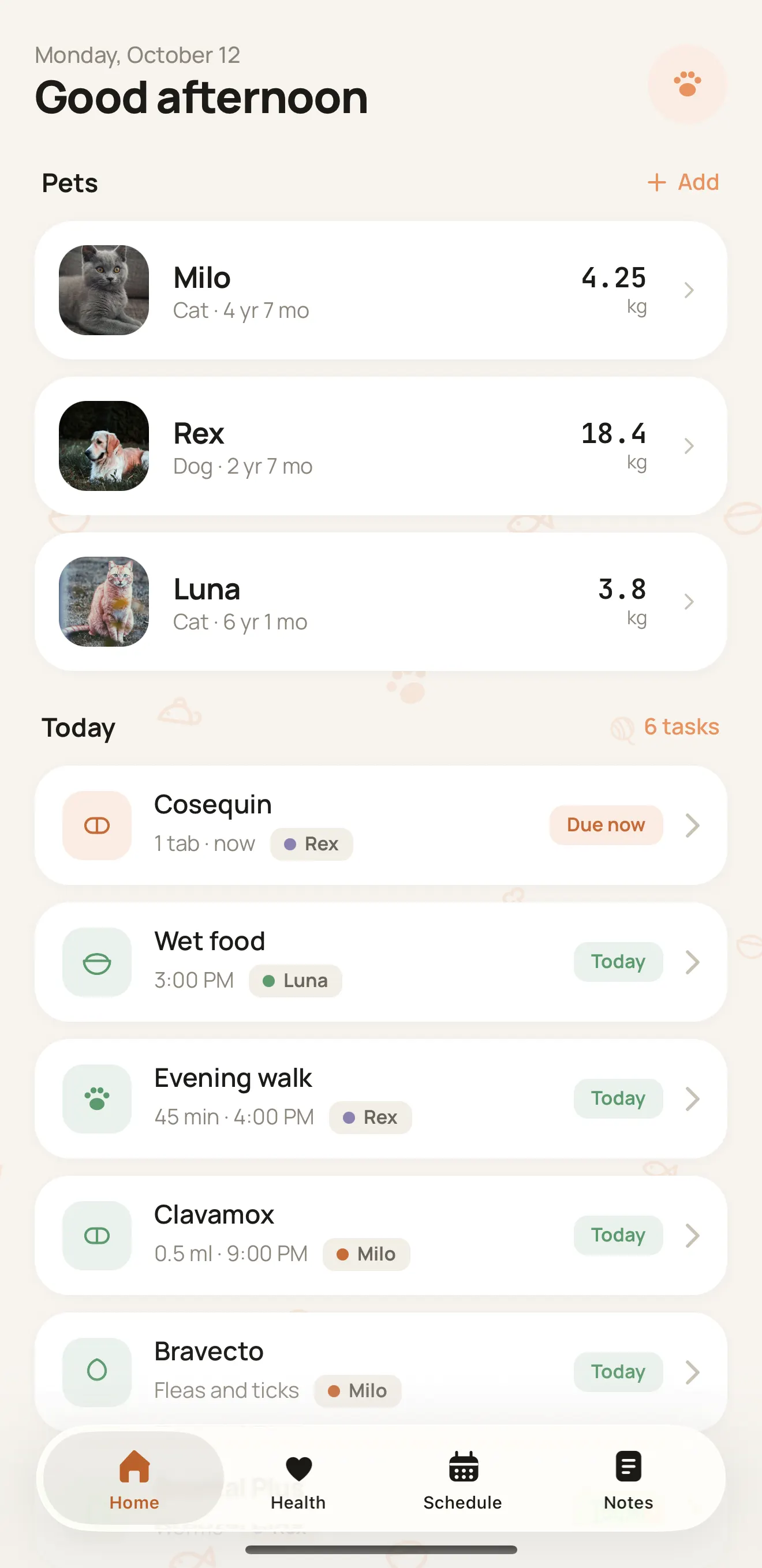 Curami Today screen with three pets and their tasks for the day