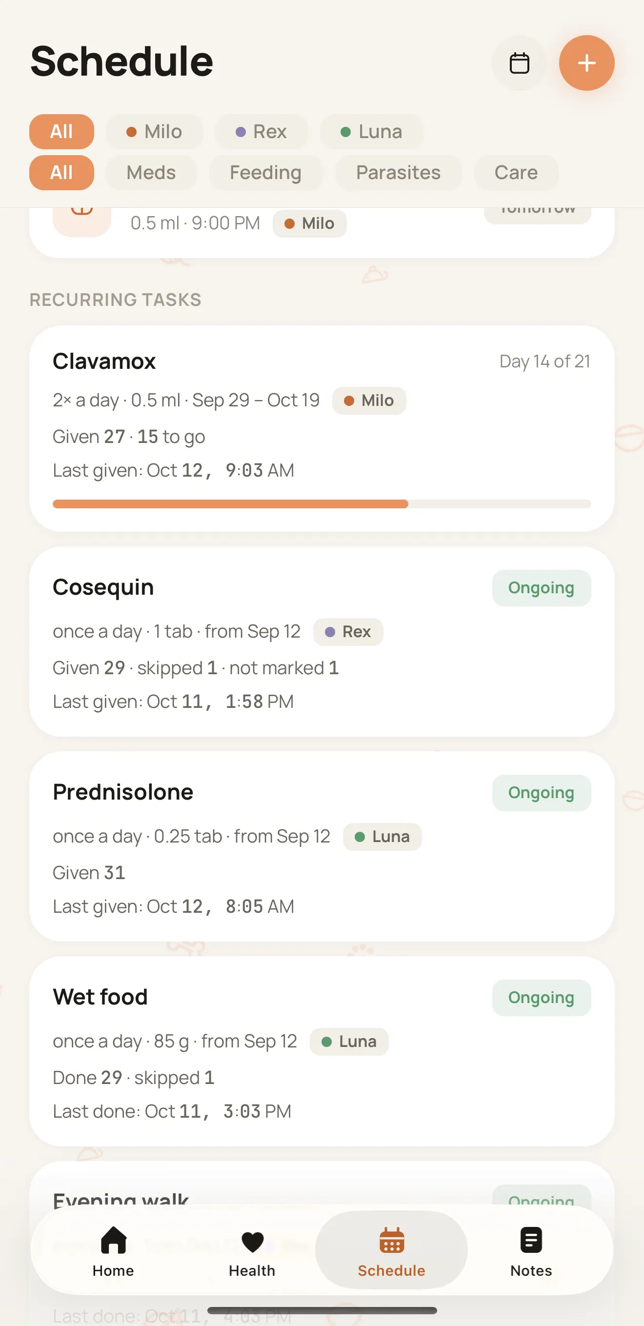 Curami Schedule screen listing upcoming doses and a course in progress
