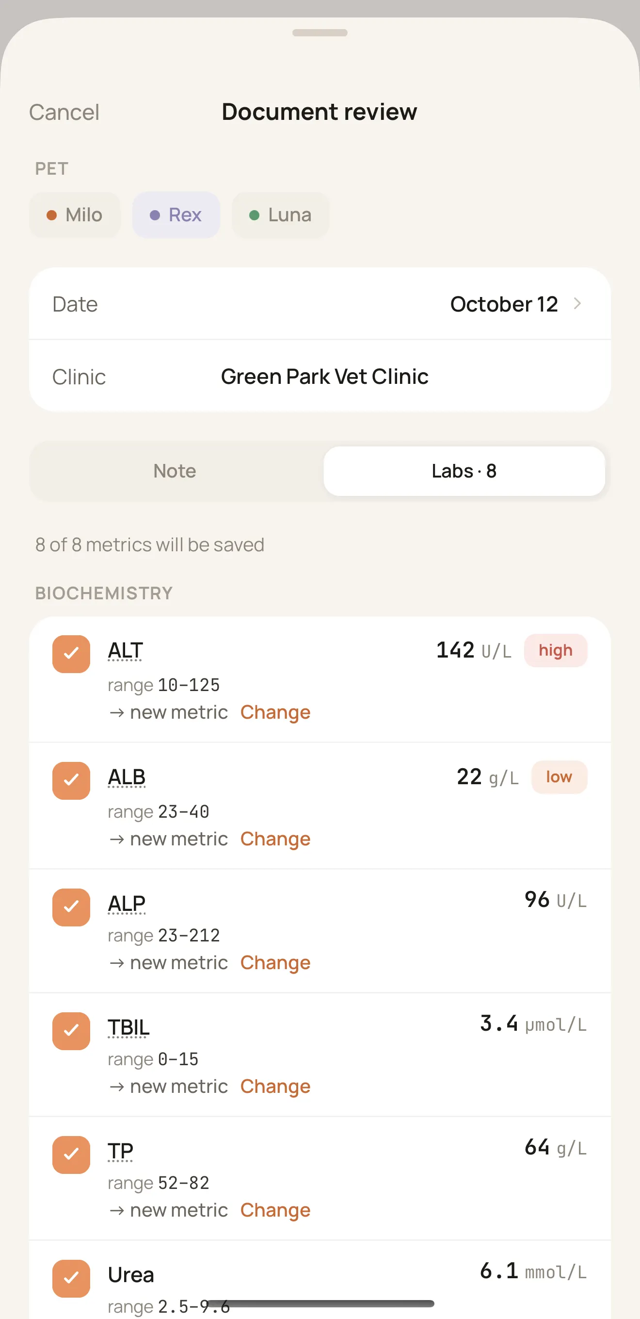 Curami reviewing lab values read from a blood test report