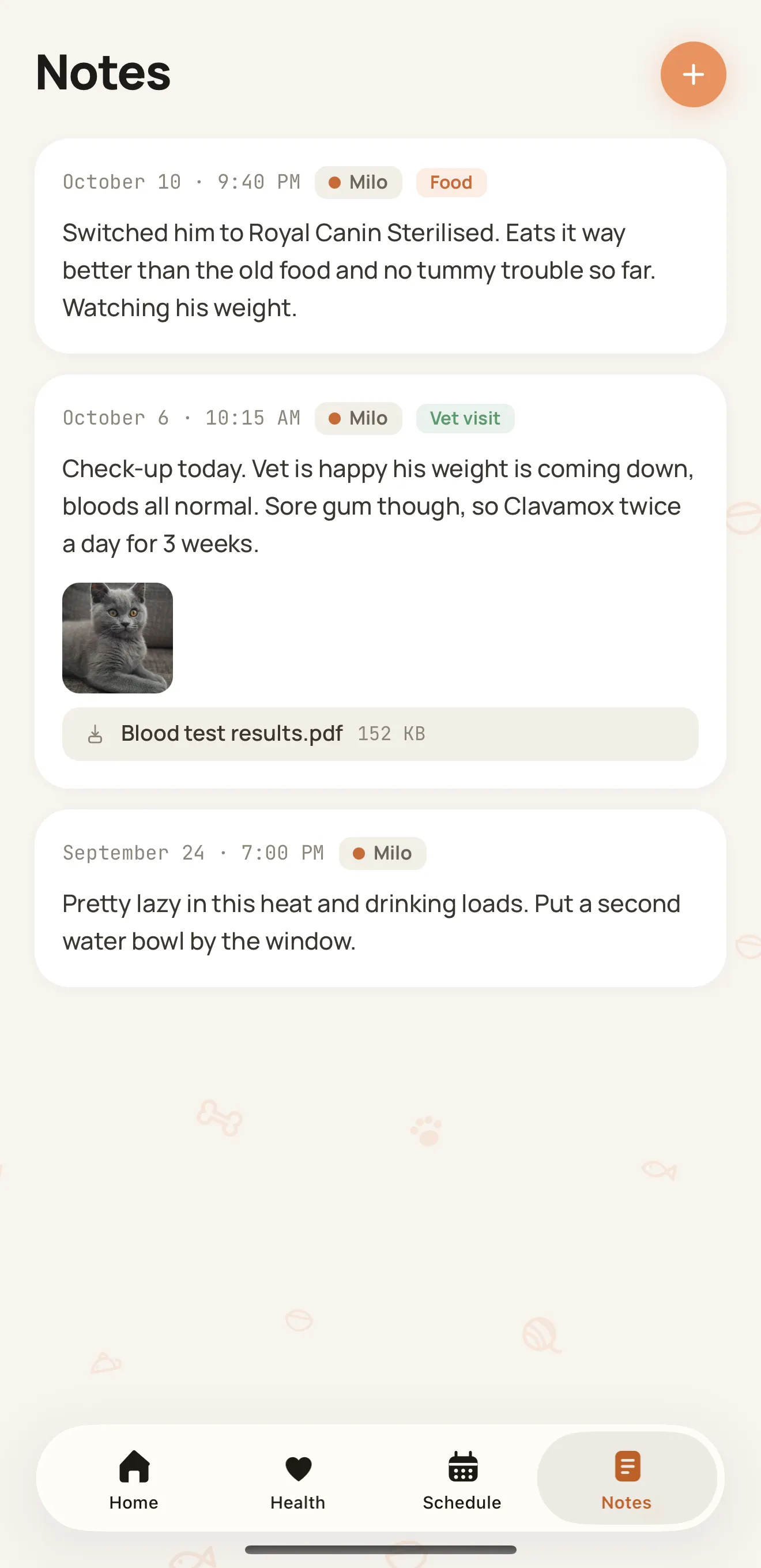 Curami Notes screen with vet visit notes and attached files